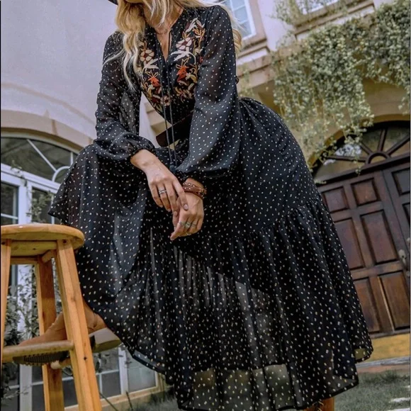 Boho Black Polka Dot Floral Embroidered Long Sleeve Maxi Dress - Picture 3 of 5